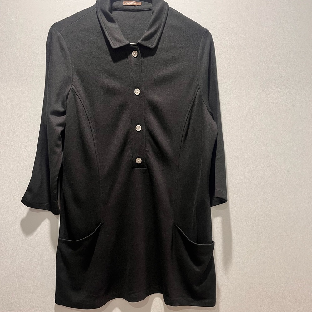 J McLaughlin Womens‎ LARGE Tunic Top Black Jersey Knit Collared Pullover Pockets